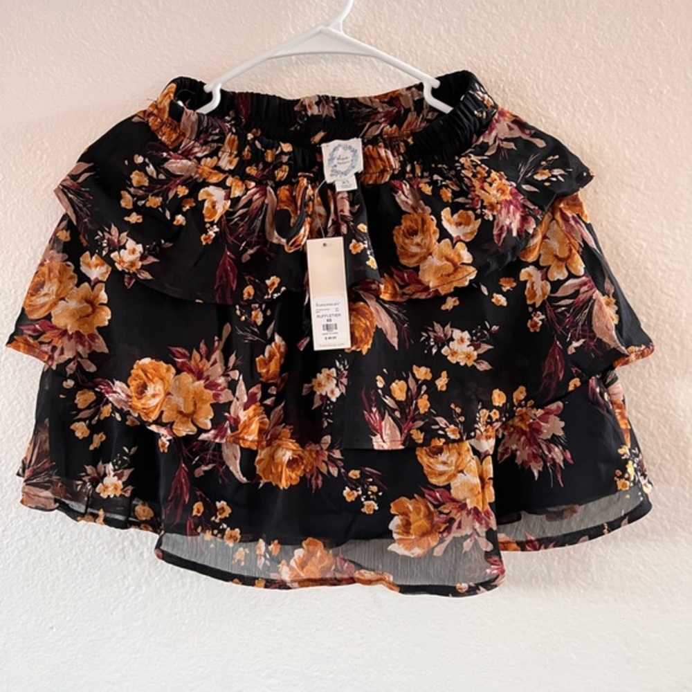Francesca's by Blue Rain Ruffle Tier Skirt XS Fall Colors Black Brown NWT